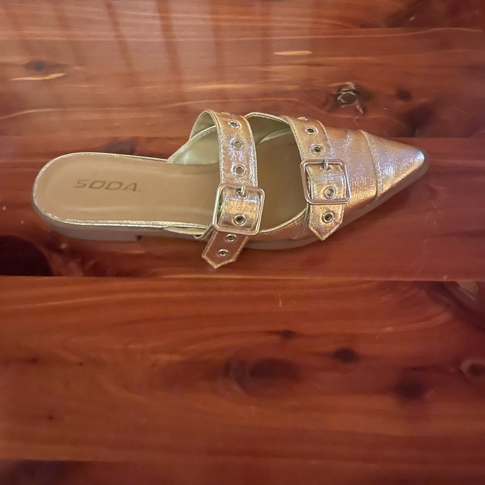 Soda Metallic Gold Double Buckle Mules